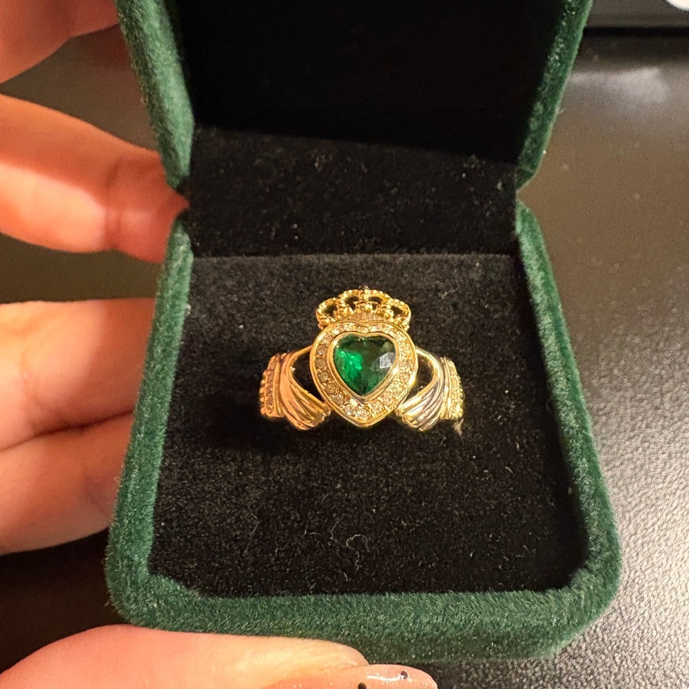Gold Claddagh Ring with Green Heart Stone